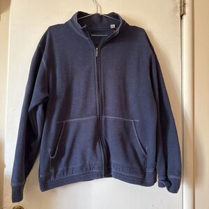 Tommy Bahama Full Zip Blue Cotton Sweater Jacket Elbow Patches Pockets Men's XL